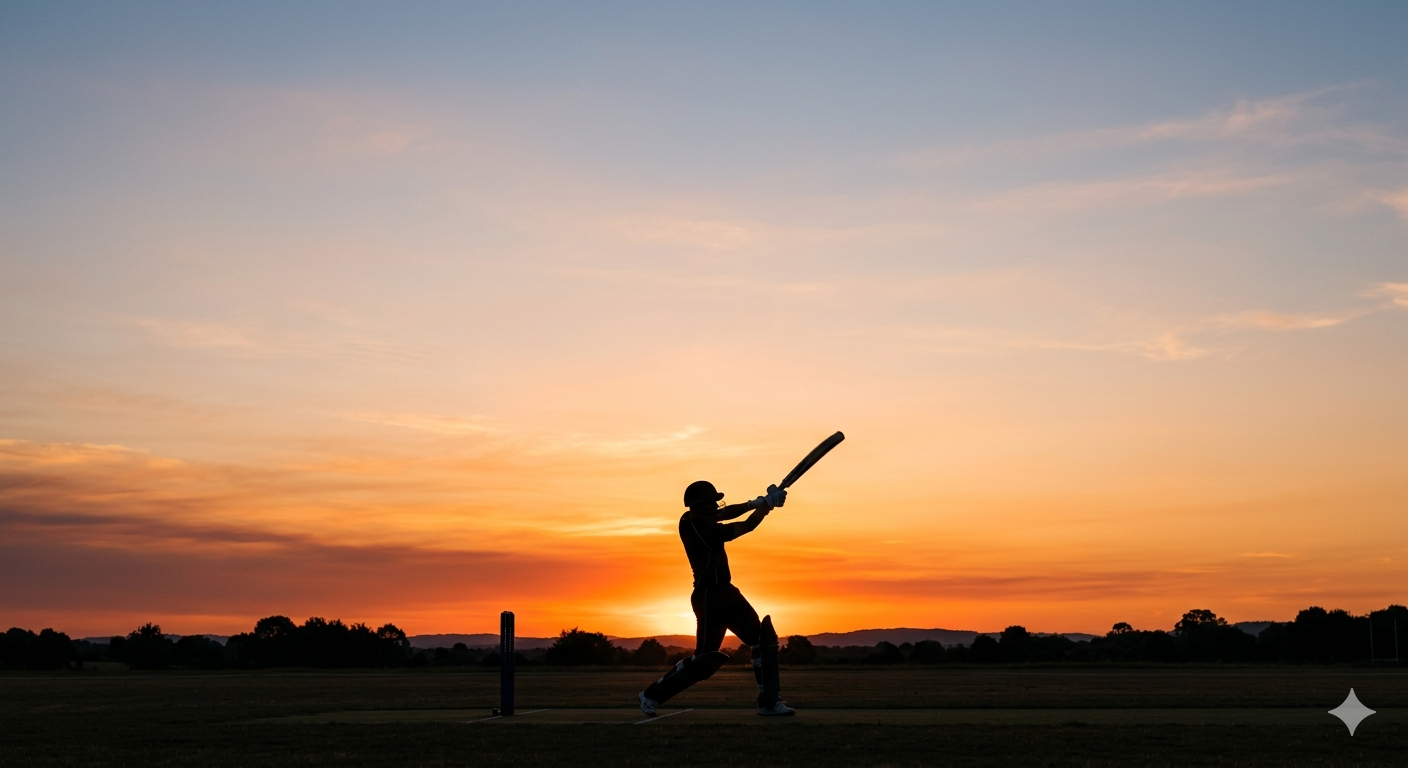  Silhouette of a cricket batsman mid-swing against a warm gradient sky